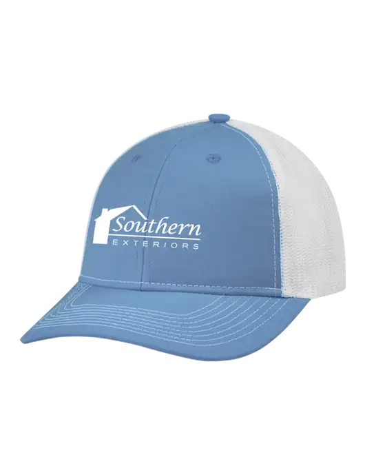 Snapback Ponytail Trucker Cap Carolina Blue w/White Mesh w/Southern Exteriors Logo