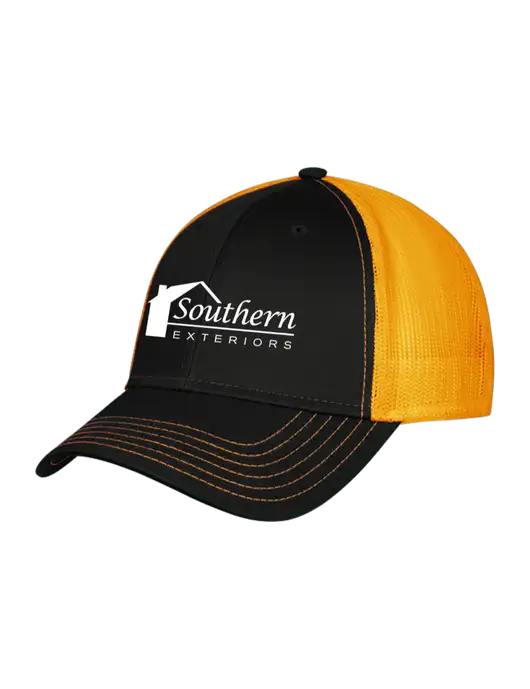 Black/Black/Gold Mesh Gold Stitching on Bill Trucker Cap Snap Back

 w/Southern Exteriors Logo