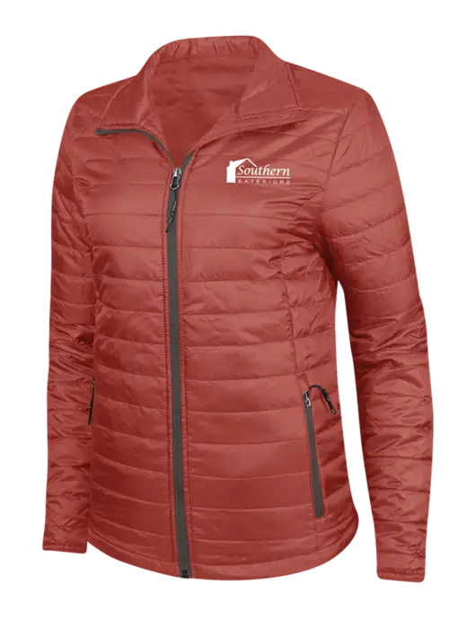 Dark Red Womens Puffy Packable Jacket w/Southern Exteriors Logo