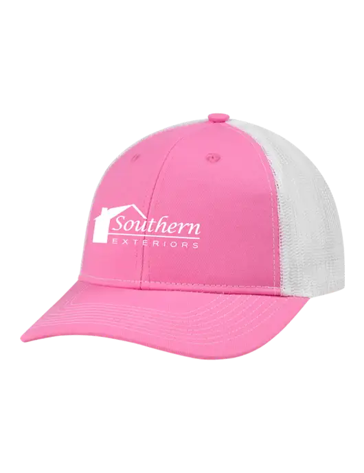 Snapback Ponytail Trucker Cap Pink/White Mesh w/Southern Exteriors Logo