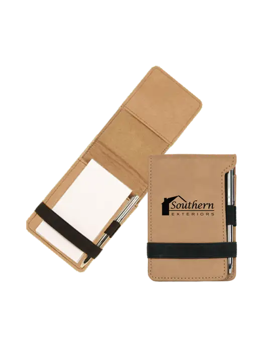 Tan Leatherette Mini Notepad with Pen,  3.25 x 4.75 w/Southern Exteriors Logo