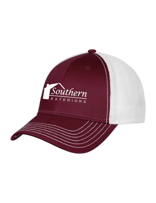 Maroon/Maroon/White Mesh Trucker Cap Snap Back w/Southern Exteriors Logo
