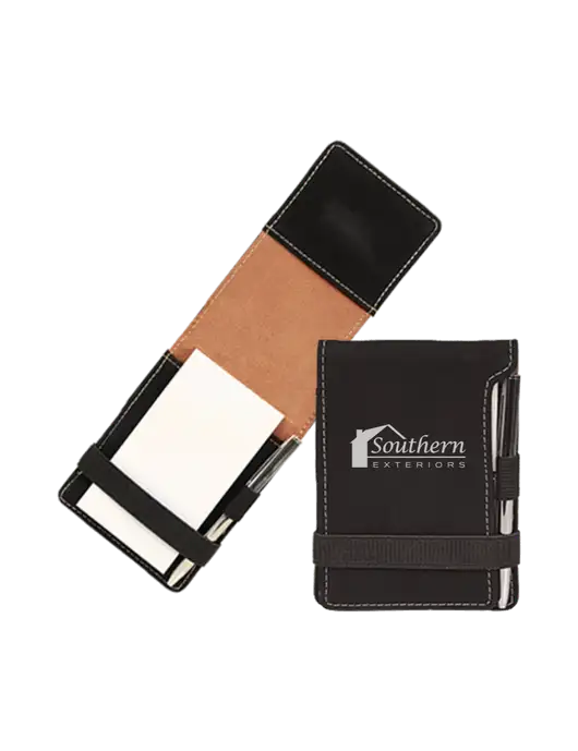 Black Leatherette Mini Notepad with Pen,  3.25 x 4.75 w/Southern Exteriors Logo