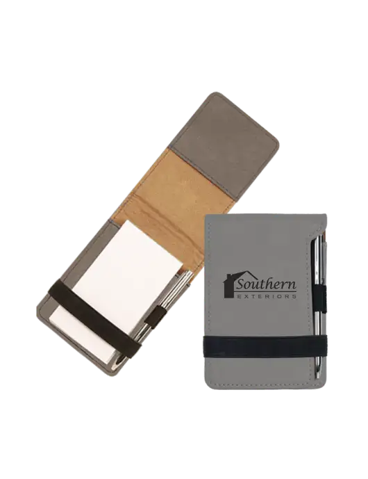 Grey Leatherette Mini Notepad with Pen,  3.25 x 4.75 w/Southern Exteriors Logo